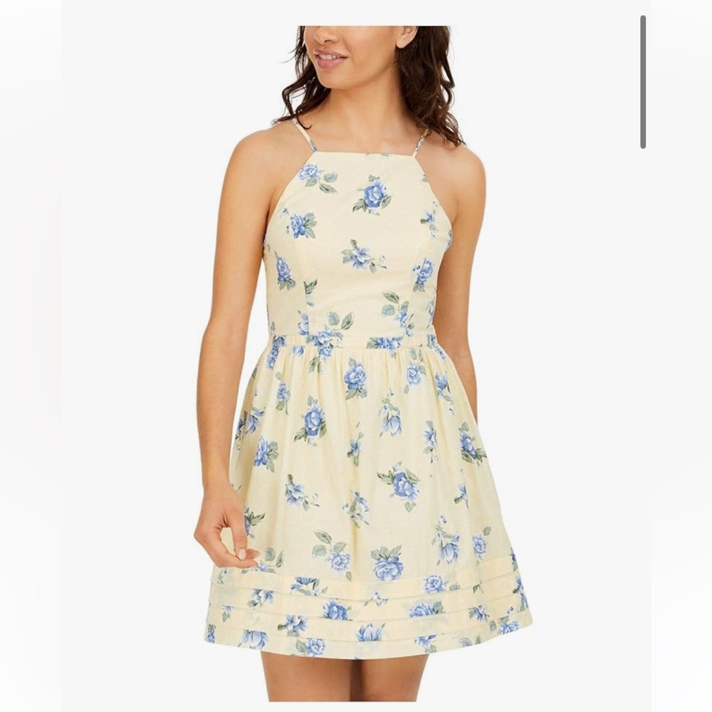 Womens Yellow Zippered Floral Sleeveless Halter Mini dress junior size 1